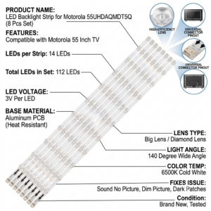 LED Backlight Strip for Motorola 55UHDAQMDT5Q 55 Inch TV 14 LED (8 PCS Set)