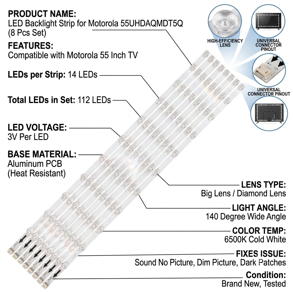 LED Backlight Strip for Motorola 55UHDAQMDT5Q 55 Inch TV 14 LED (8 PCS Set)