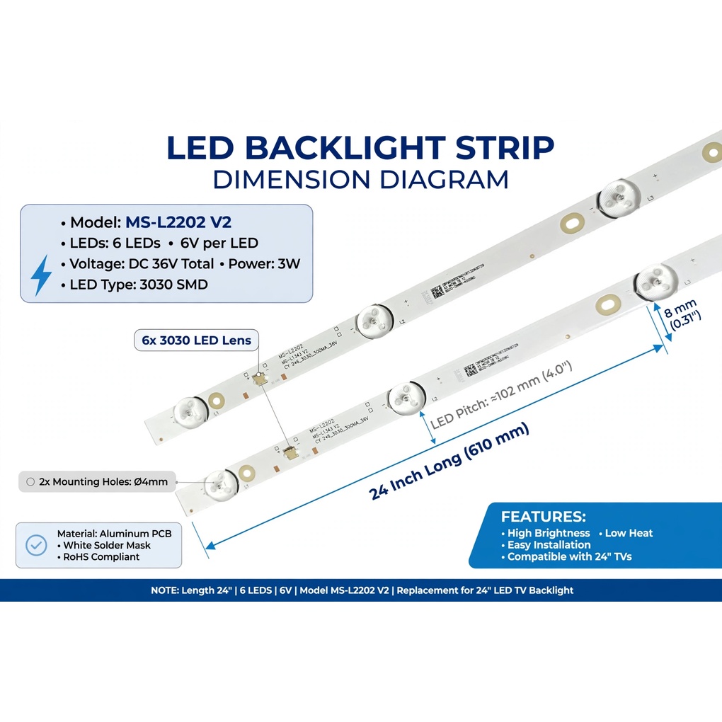 LED Backlight Strip 6 LED 6V, Ms-L2202 V2 For 32 Inch TV (2pcs set)