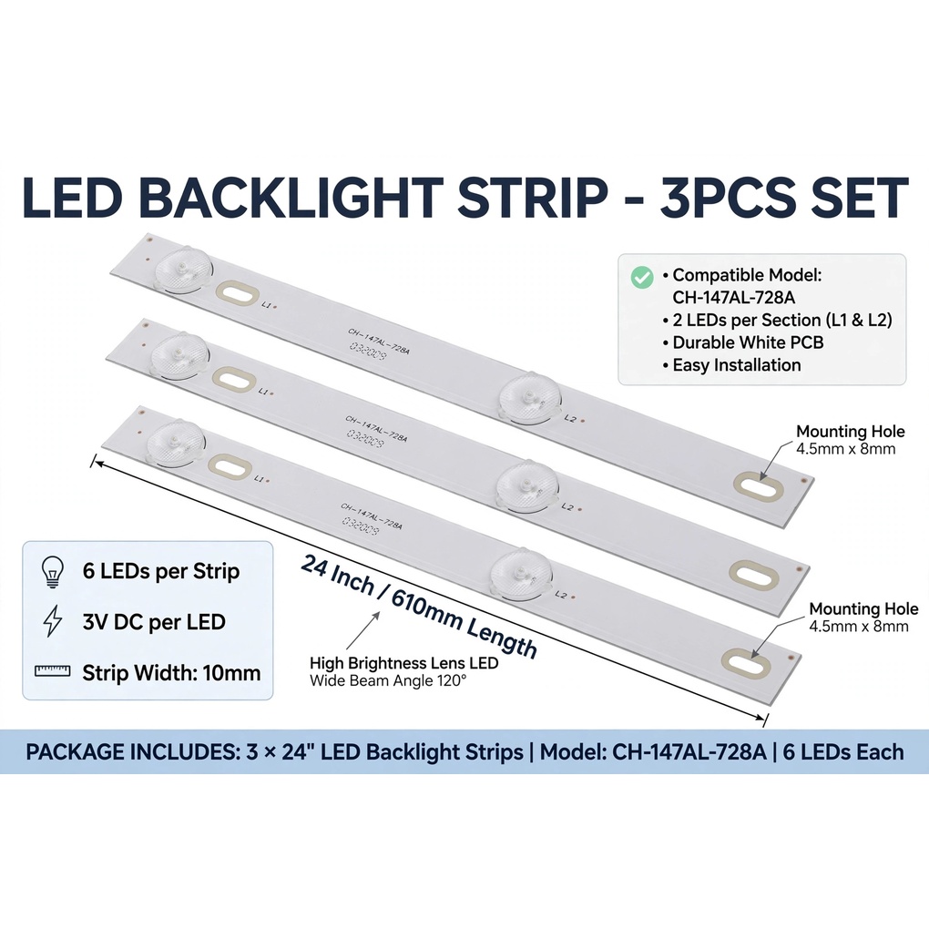 LED Backlight Strip 6 LED 3V 24 Inch Long For 32 Inch TV Set of 3 Pcs