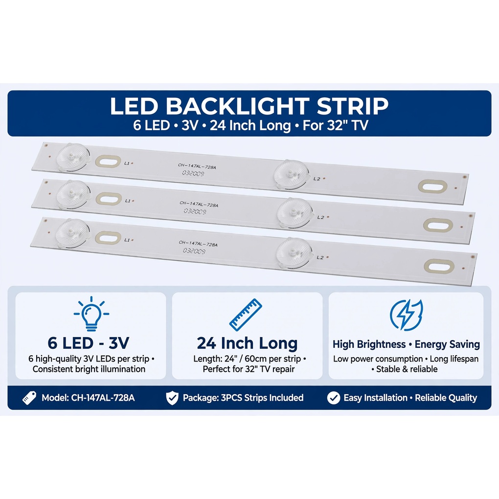 LED Backlight Strip 6 LED 3V 24 Inch Long For 32 Inch TV Set of 3 Pcs