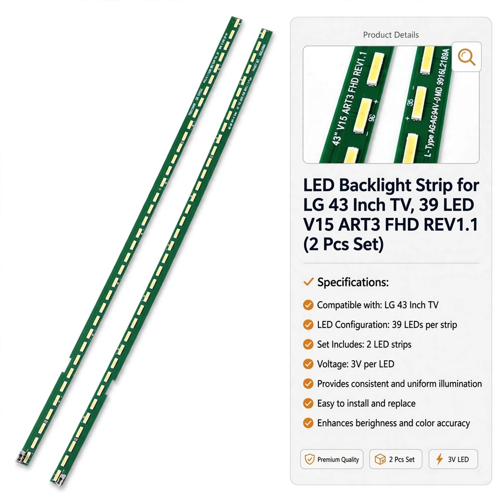 LED Backlight Strip for LG 43 Inch TV, 39 LED 43" V15 ART3 FHD REV1.1 (2 Pcs Set)